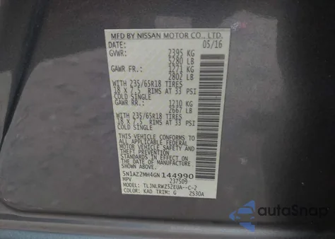 2016 Nissan Murano Sl из США, поврежденный, VIN 5N1AZ2MH4GN144990